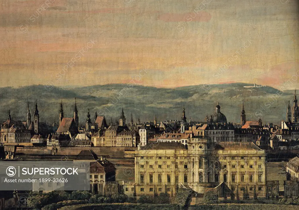 View of Vienna from the Belvedere, by Bellotto Bernardo, 1759 - 1760, 18th Century, oil on canvas. Austria, Wien, Kunsthistorisches Museum. Detail. Old town center. From left to right of bell tower of Hofburgkapelle, Minoriti Church, Augostiniani Church, Burgerspital Church, San Michele Church, Santa Dorotea Church, Scozzesi Church.