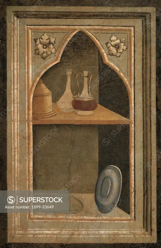 Niche with Paten, Pyx and Ampullae, by Gaddi Taddeo, 1327 - 1338, 14th Century, fresco. Italy, Tuscany, Florence, Santa Croce Church, Baroncelli Chapel. Whole artwork. Dish bottles small bottles still life.