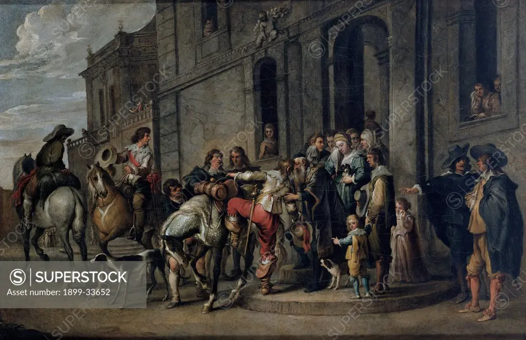 Stories of the Prodigal Son - Departure, by Wael Cornelis de, 17th Century, oil on canvas. Italy, Liguria, Genoa, Private collection. Whole artwork. Leave farewell departure family growth horses cry men women door building dogs.