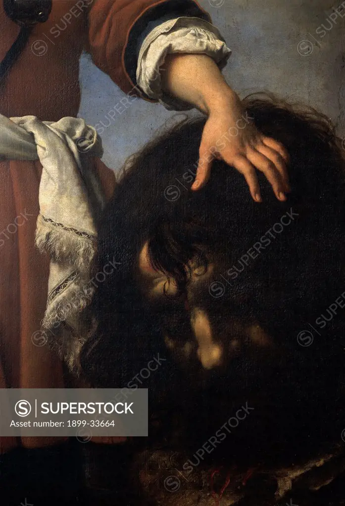 David with the Head of Goliath, by Dolci Carlo, 17th Century, oil on canvas. Italy, Lombardy, Milan, Brera Art Gallery. Detail. Head of Goliath giant beard sash frills arm hand.