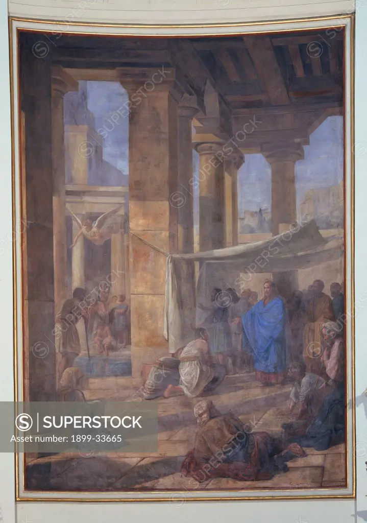 Jesus Heal the Sick, by Pupin Velentino, 19th Century, canvas. Italy, Veneto, Arzignano, Vicenza, Cathedral. Whole artwork. Jesus healing the sick porch: portico columns curtain light shadow Christ draperies.