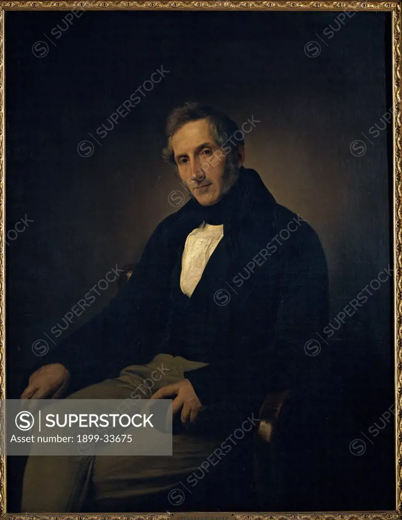 Portrait of Alessandro Manzoni, by Hayez Francesco, 1841, 19th Century, oil on canvas. Italy, Lombardy, Milan, Brera Art Gallery. Whole artwork. Portrait of Alessandro Manzoni man sitting chair jacket shirt black white brown.