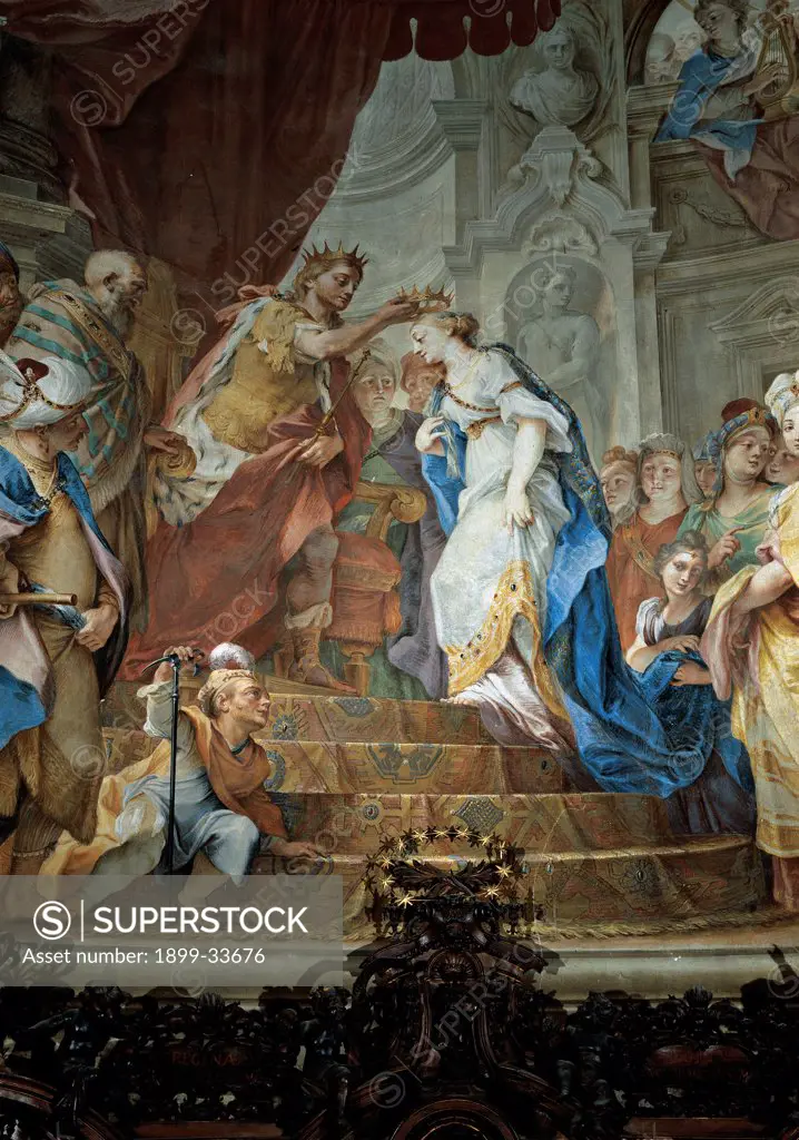 Stories of Esther of Coronation of Esther, by probably Legnani Stefano Maria know as Legnanino, 1698 - 1700, 17th Century, fresco. Italy, Lombardy, Lodi, Incoronata Sanctuary. Whole artwork. Stories of Esther of Coronation of Esther crown steps dwarf drapery. draping.
