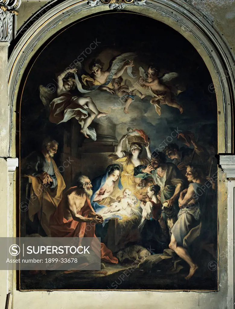 The Nativity with St Jerome, by probably Legnani Stefano Maria know as Legnanino, 18th Century, oil on canvas. Italy, Lombardy, Milan, San Marco Church. Whole artwork. Nativity with St Jerome divine light Mary Madonna St Joseph shepherds angels round arch.