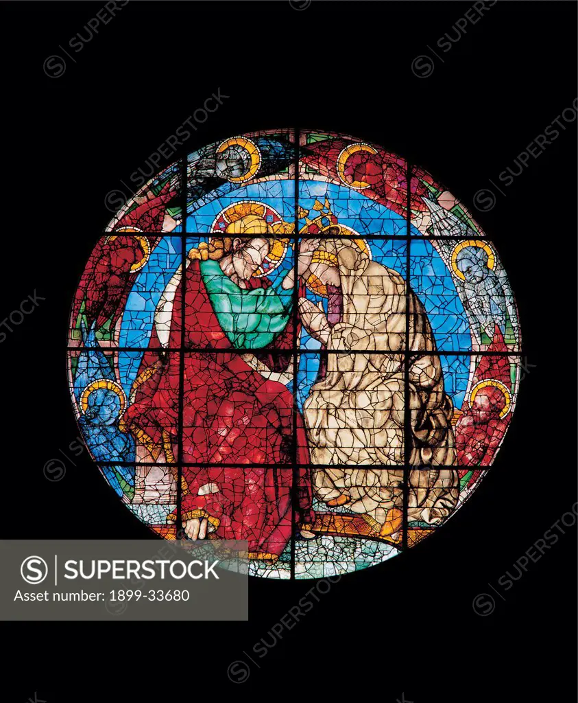 The Coronation of Mary, by Donato di Niccolo di Betto Bardi known as Donatello, 1434, 15th Century, . Italy: Tuscany: Florence: Florence. Whole artwork. Stained glass Madonna coronation Jesus Christ red blue yellow halo