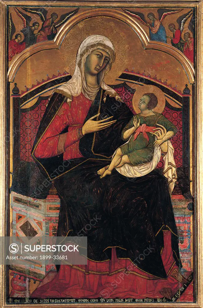 Madonna and Child Enthroned, by Guido da Siena, 1270, 13th Century, tempera on panel. Italy: Tuscany: Siena: Palazzo Pubblico. Detail. Madonna throne Infant Jesus/Christ Child/Baby Jesus/Christ Child blue gold red mantle/cloak veil garment/dress angels