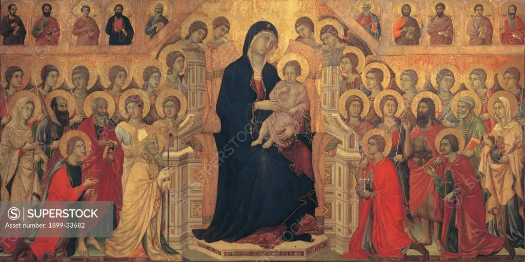 Military Parade at Campo di Marte, by Duccio di Buoninsegna, 1308 - 1311, 14th Century, tempera on panel, with gold ground. Italy. Tuscany. Siena. Cathedral. Opera del Duomo Museum. Whole artwork. Front view of the work as a whole. The Virgin Mary and the Child, sitting on a Gothic throne and surrounded by angels e Saints. Precious colors of blue, red and gold. Gilded plaster aureoles/halos