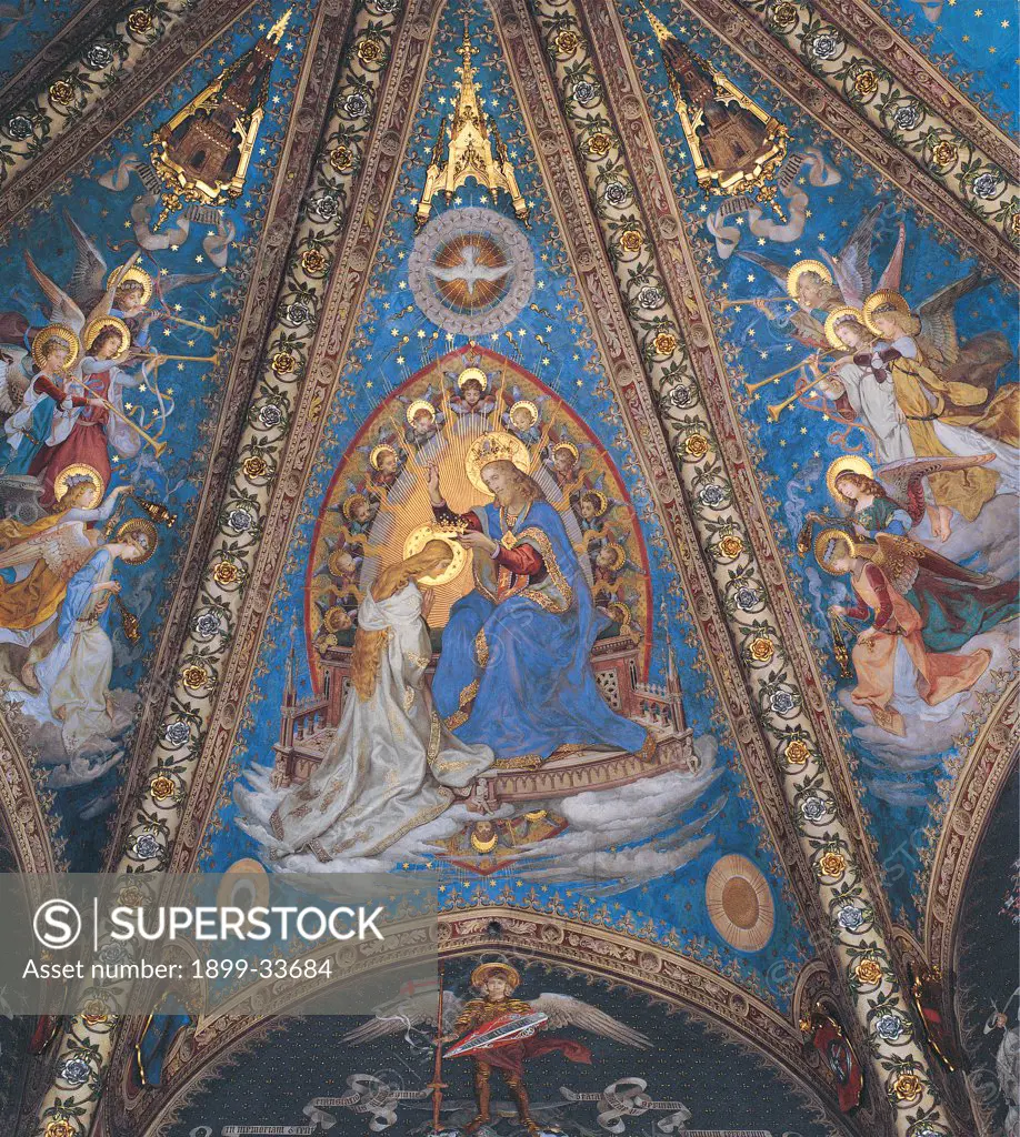 The Coronation of the Virgin Mary, by Seitz Ludovico, 1890, 19th Century, fresco. Italy: Marche: Ancona: Loreto: Santa Casa Basilica Sanctuary. All decoration vault gold blue flowers roses Coronation/Crowning Virgin Mary Christ Benedictory crown rays/beams Holy Ghost Dove angels hosts