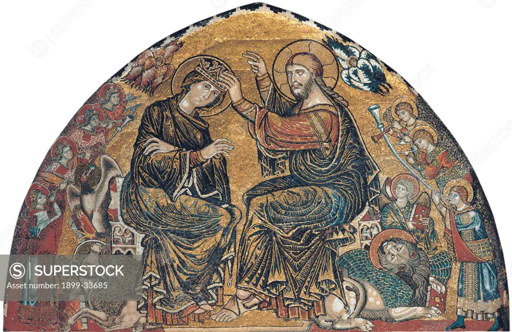 The Coronation of Mary, by Gaddi Gaddo, 1310, 14th Century, mosaic. Italy: Tuscany: Florence: Santa Maria del Fiore Cathedral. Whole artwork. Lunette Virgin Mary Madonna coronation crown angels symbols Evangelists oxen lion eagle saint Cherubs Seraphs background gold
