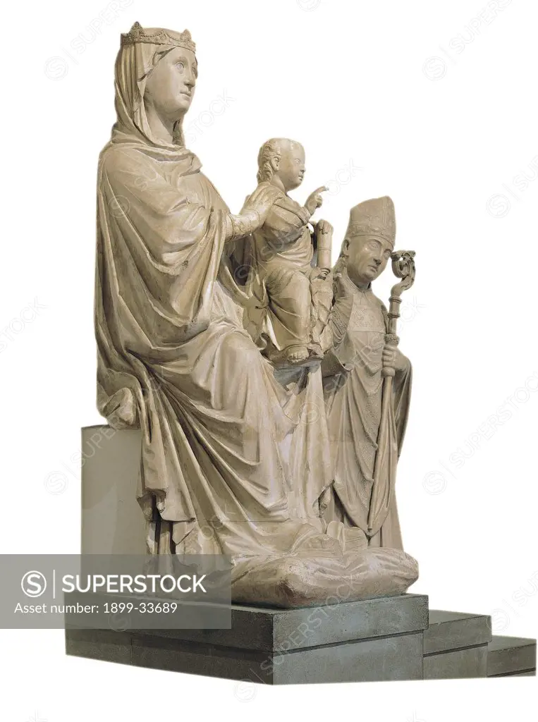 Majesty. Madonna and Child with Sts Zenobius and Reparata, by Arnolfo di Cambio, 1296 - 1302, 13th Century, marble. Italy: Tuscany: Florence: Opera di Santa Maria del Fiore Museum. Whole artwork. Madonna Child crown hands cloak Majesty bishop pastoral miter