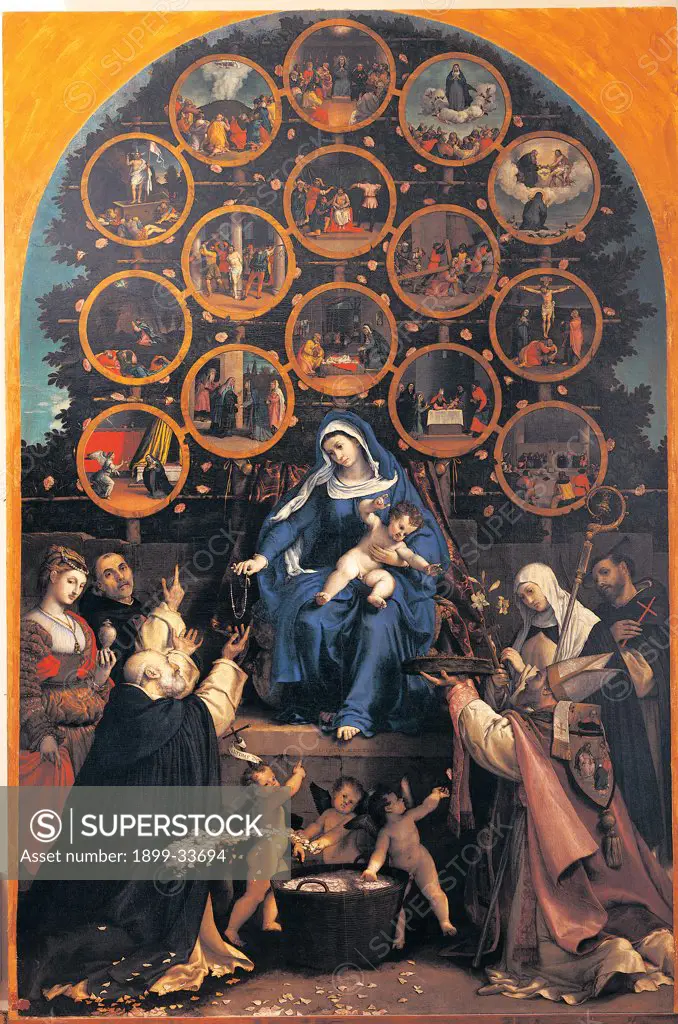 Madonna of the Rosary (Cingoli Altarpiece), by Lotto Lorenzo, 1539, 16th Century, canvas. Italy: Marche: Macerata: Cingoli: San Nicolo church. Whole artwork. The Virgin offers the Rosary to St Dominic between Mary Magdalene, St Catherine, St Francis and St Nicolas. In the bottom, three putti throw handfuls of rose petals. In the top, fifteen tondos with the Mysteries of the Blue Rosary
