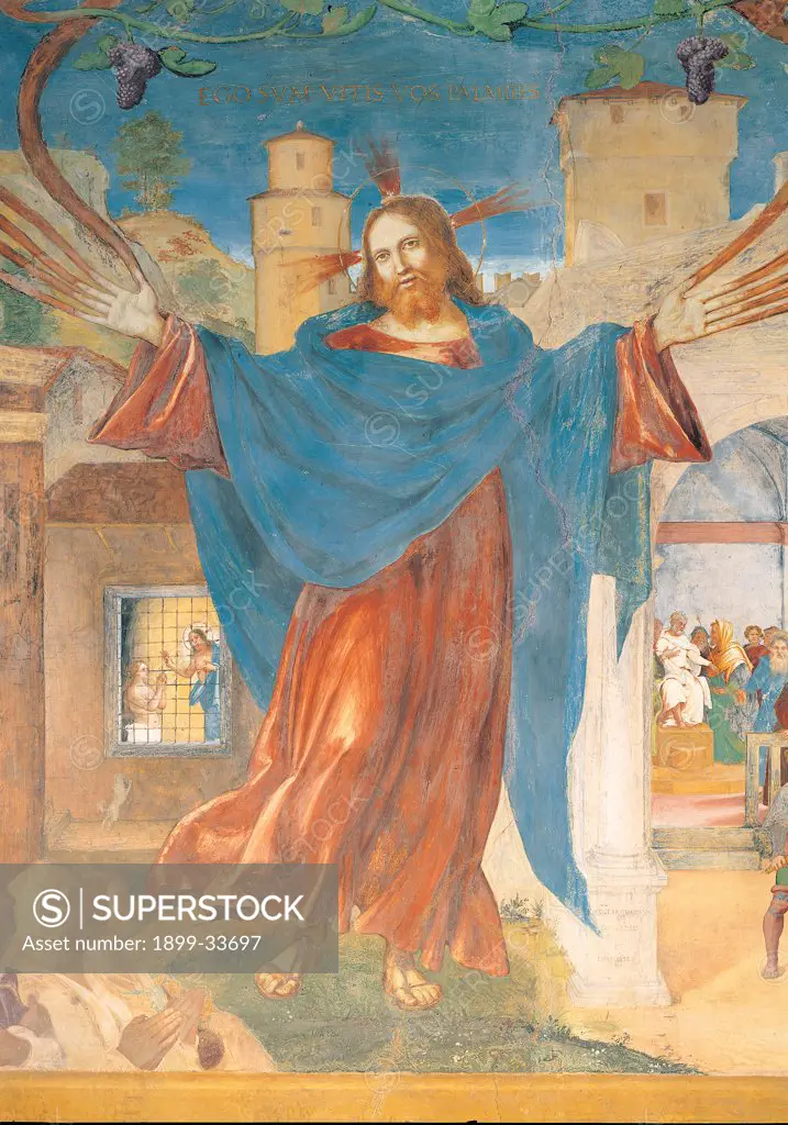 Christ and the Church, by Lotto Lorenzo, 1524, 16th Century, fresco. Italy: Lombardy: Bergamo: Trescore: Suardi Oratory. Detail. Figure of Christ mantle/cloak blue red building castle tower arch sky hands branches