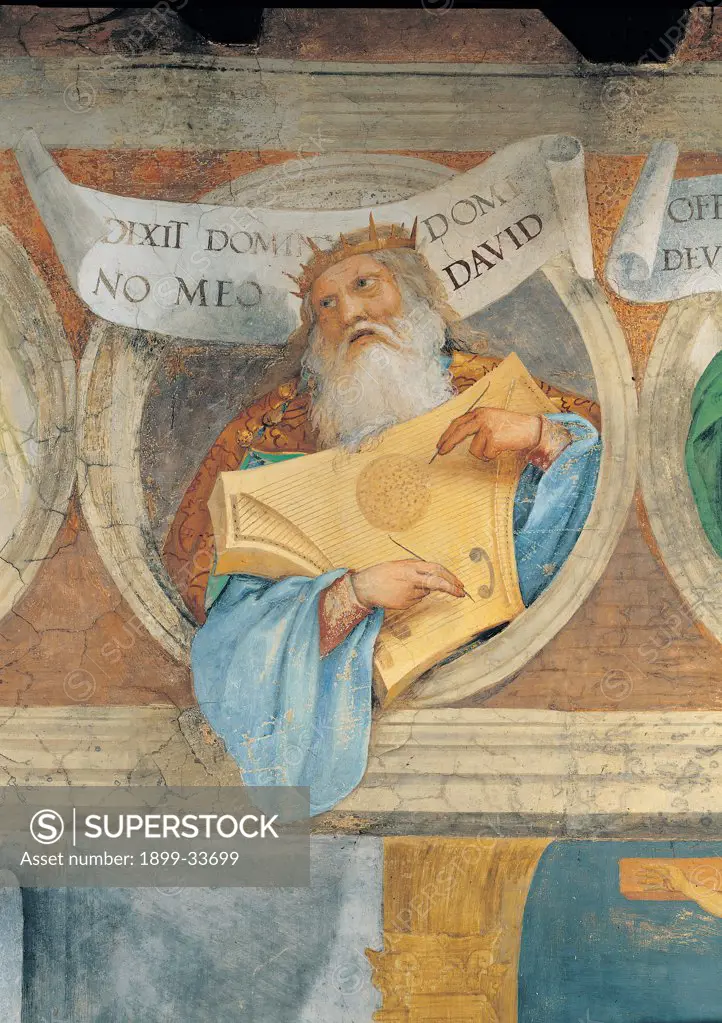 The Prophet David, by Lotto Lorenzo, 1524, 16th Century, fresco. Italy: Lombardy: Bergamo: Trescore: Suardi Oratory. Detail. Prophet David blue yellow red