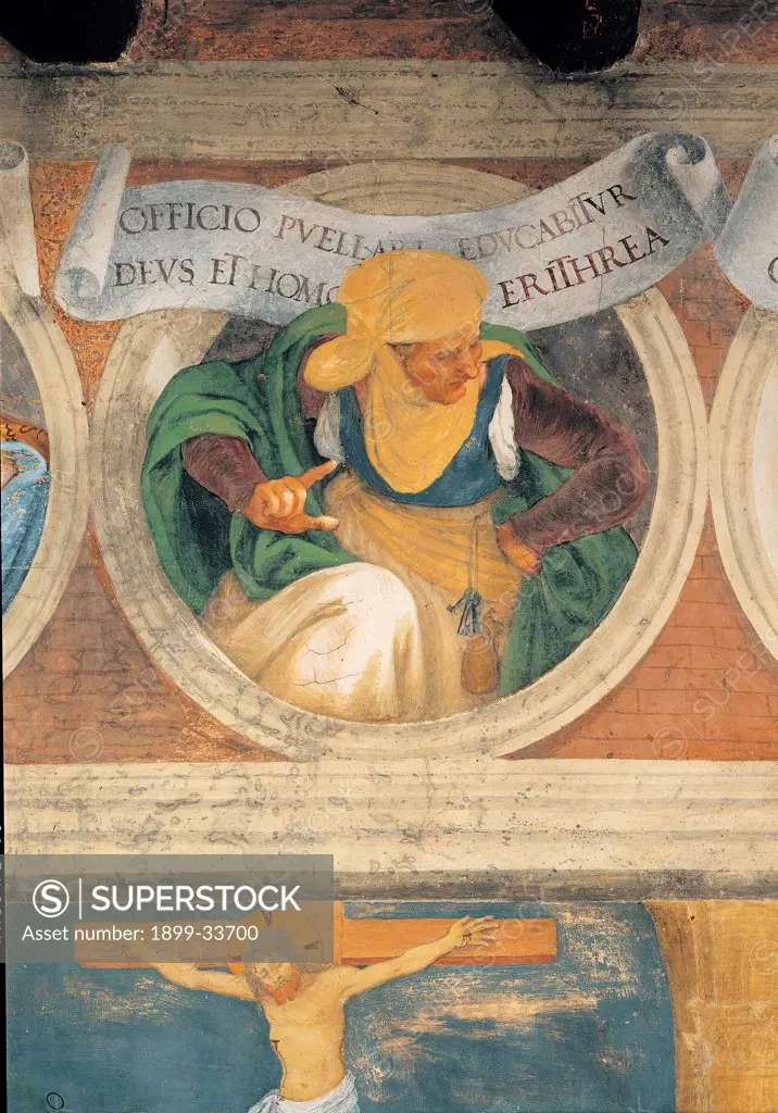 The Erythraean Sibyl, by Lotto Lorenzo, 1524, 16th Century, fresco. Italy: Lombardy: Bergamo: Trescore: Suardi Oratory. Detail. Erythraean Sibyl yellow green cloak/mantle veil headdress/headgear Crucifix red