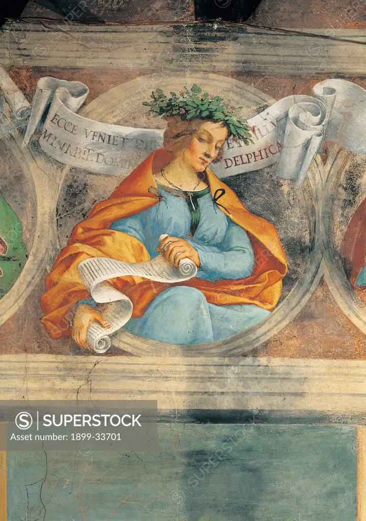 The Delphic Sybil, by Lotto Lorenzo, 1524, 16th Century, fresco. Italy: Lombardy: Bergamo: Trescore: Suardi Oratory. Detail. Delphic Sibyl orange light blue/azure laurel wreath cartouche