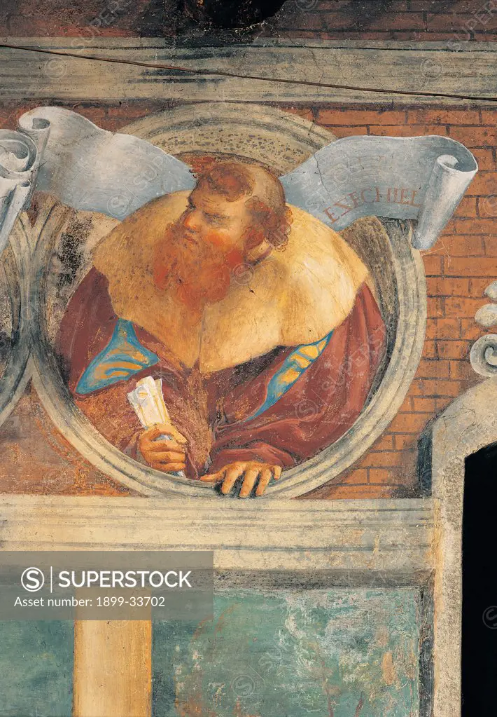 The Prophet Ezekiel, by Lotto Lorenzo, 1524, 16th Century, fresco. Italy: Lombardy: Bergamo: Trescore: Suardi Oratory. Detail. Prophet Ezekiel beard yellow red cloak/mantle