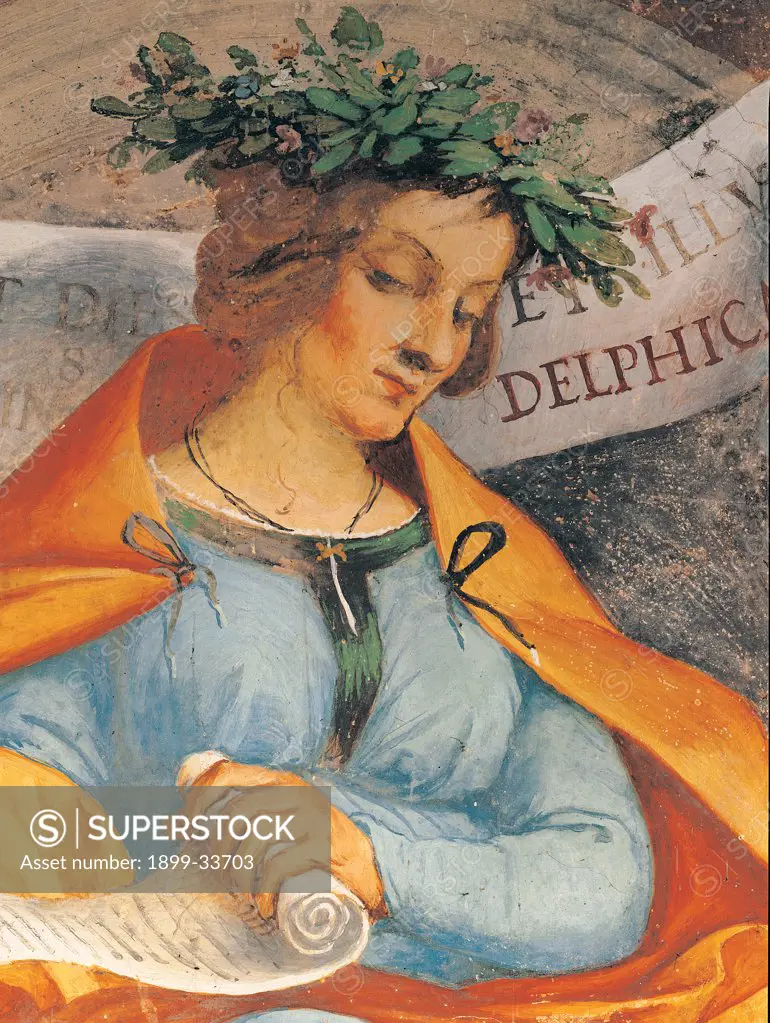 The Delphic Sybil, by Lotto Lorenzo, 1524, 16th Century, fresco. Italy: Lombardy: Bergamo: Trescore: Suardi Oratory. Detail. Face of the Delphic Sibyl orange light blue/azure cartouche crown laurel