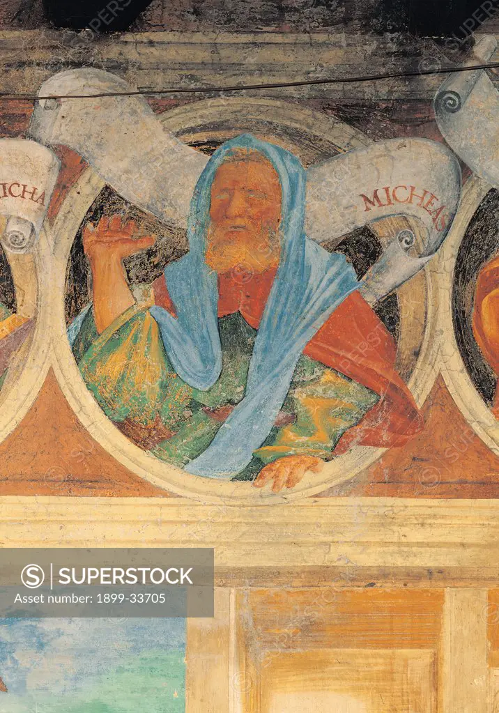 The Prophet Micheas, by Lotto Lorenzo, 1524, 16th Century, fresco. Italy: Lombardy: Bergamo: Trescore: Suardi Oratory. Detail. Prophet Micheas blue yellow green red cloak/mantle beard