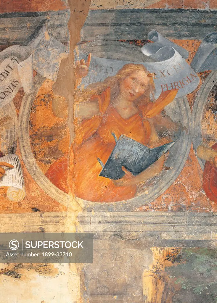 The Phrygian Sibyl, by Lotto Lorenzo, 1524, 16th Century, fresco. Italy: Lombardy: Bergamo: Trescore: Suardi Oratory. Detail. The Phrygian Sybil/Sibyl orange light blue/azure book long fair/blond hair