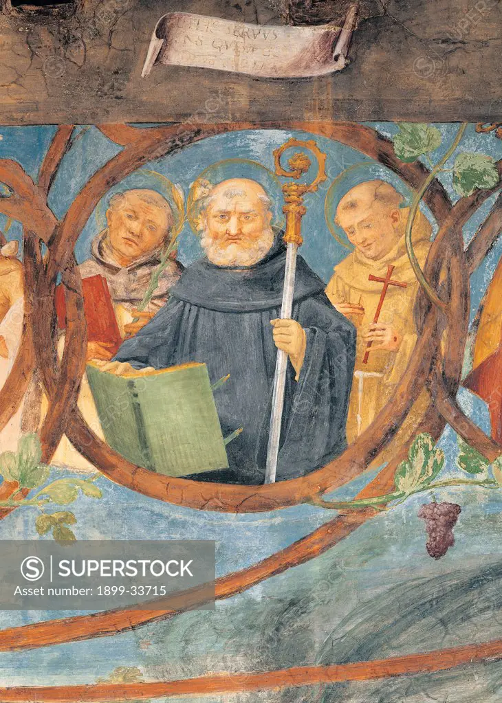 Sts Dominic, Augustine, Francis, by Lotto Lorenzo, 1524, 16th Century, fresco. Italy: Lombardy: Bergamo: Trescore: Suardi Oratory. Detail. Sts Dominic Augustine Francis green yellow light blue/azure branches grape tree cross book lily habit/tunic