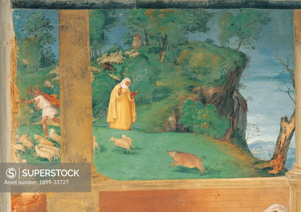 Stories of St Bridget, by Lotto Lorenzo, 1524, 16th Century, fresco. Italy. Lombardy. Bergamo. Trescore. Suardi Oratory. Stories of St Bridget detail works of mercy in the country of taming of wild boar dress yellow green meadow hill trees column