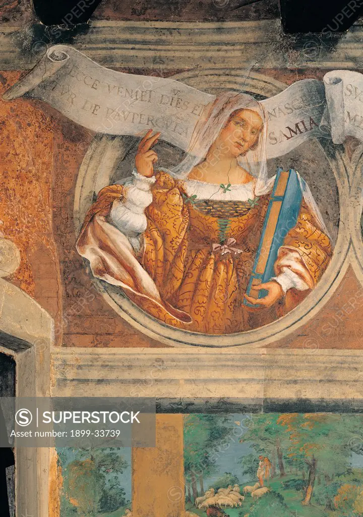 The Sibylla Samia, by Lotto Lorenzo, 1524, 16th Century, fresco. Italy: Lombardy: Bergamo: Trescore: Suardi Oratory. Detail. Sibylla Samia book orange withe blue veil dress bow