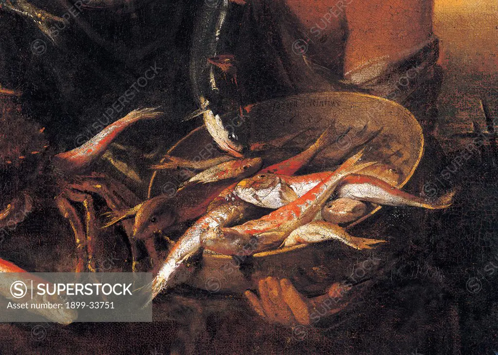 Fishmonger, by Heintz Joseph il Giovane known as Joseph Heintz the Younger, 1650 - 1659, 17th Century, oil on canvas. Private collection. Detail. Basket fish pan