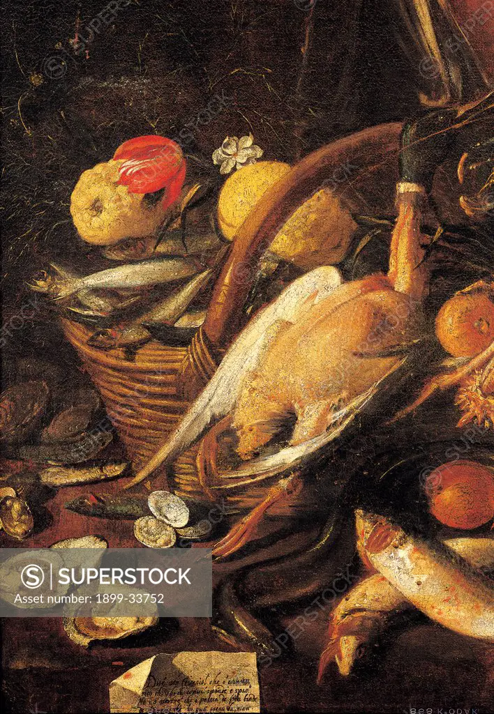 Fishmonger, by Heintz Joseph il Giovane known as Joseph Heintz the Younger, 1650 - 1659, 17th Century, oil on canvas. Private collection. Detail. Plucked duck basket wicker fish citrus fruits lemons flowers