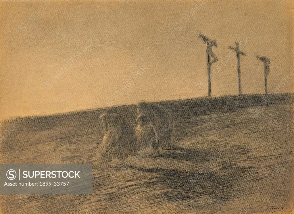 Transportation of the dead body of Christ, by Previati Gaetano, 1900, 20th Century, charcoal and pencil on cardboard. Italy: Veneto: Venice: International Gallery of Modern Art. Whole artwork. Three crosses thieves hill Golgotha transportation Jesus Christ dead body/ corpse