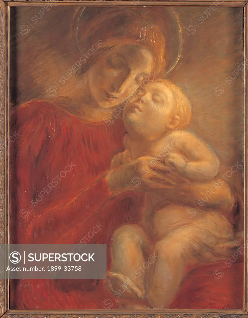 Madonna and Child, by Previati Gaetano, 1895, 19th Century, oil on canvas. Private collection. All Madonna Child red dress/garment