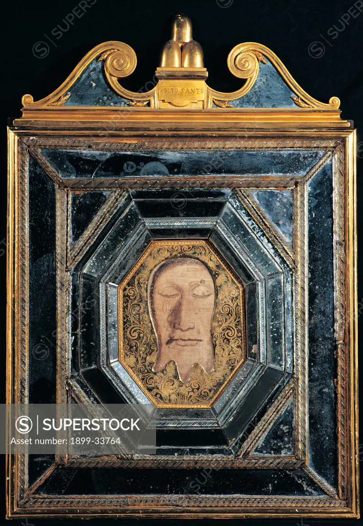 So-called 'copy' of the Roman Veronica, by Unknown artist, 17th Century, octagonal wood panel inserted into a straight outer frame. Italy. Lazio. Rome. Gesu church. I of nome intero Chiesa del Santissimo Nome di Gesu. Whole artwork. Face gold blue frontal frame
