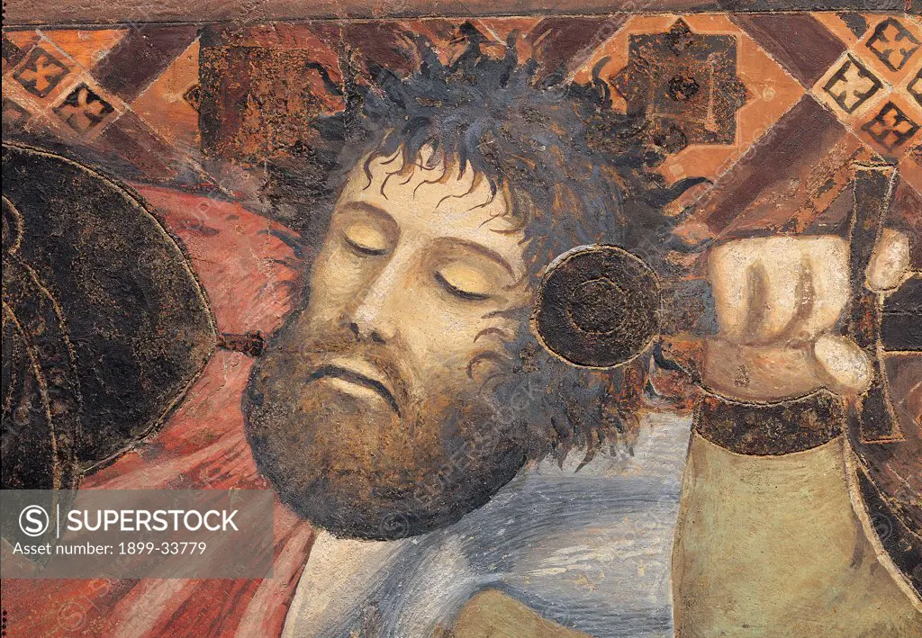 Allegory of Good Government, by Lorenzetti Ambrogio, 1338 - 1339, 14th Century, fresco. Italy: Tuscany: Siena: Palazzo Pubblico. Cut off head detail of Justice beard face sword hilt