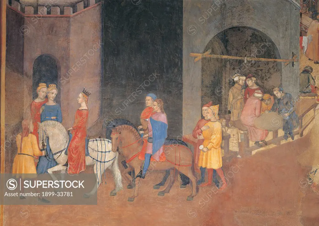 The Effects of Good Government in the City, by Lorenzetti Ambrogio, 1338 - 1339, 14th Century, fresco. Italy: Tuscany: Siena: Palazzo Pubblico. Detail. Wedding procession: group outside an inn red yellow blue horse