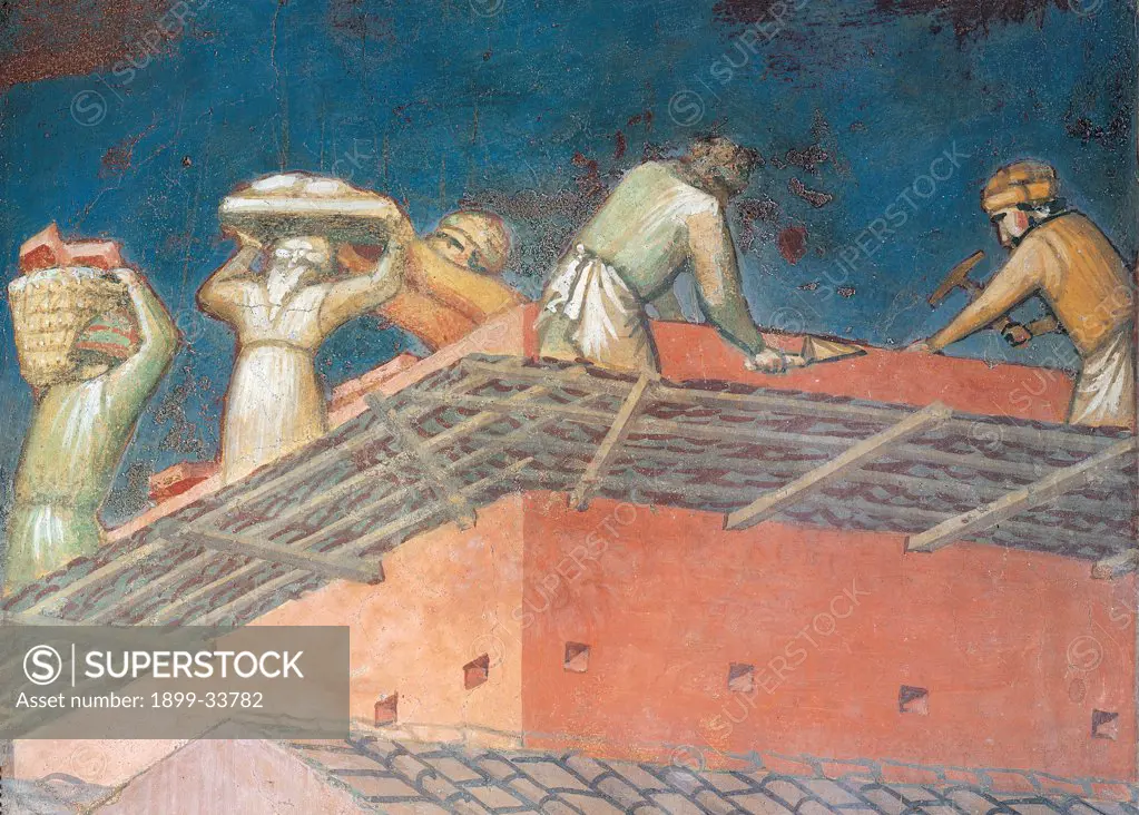 The Effects of Good Government in the City, by Lorenzetti Ambrogio, 1338 - 1339, 14th Century, fresco. Italy: Tuscany: Siena: Palazzo Pubblico. Detail. Masons/bricklayers working on scaffolding hammer trowel bricks
