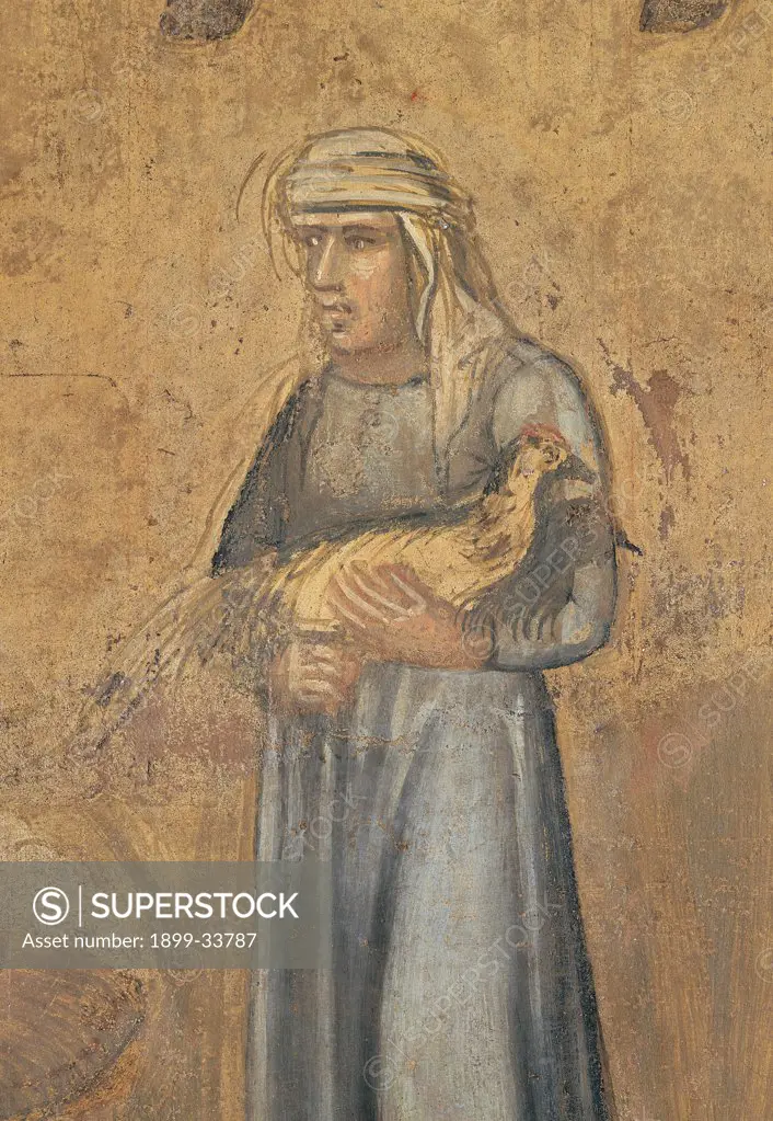 The Effects of Good Government in the City, by Lorenzetti Ambrogio, 1338 - 1339, 14th Century, fresco. Italy: Tuscany: Siena: Palazzo Pubblico. Detail. Woman with goose going to the market turban yellow ocher