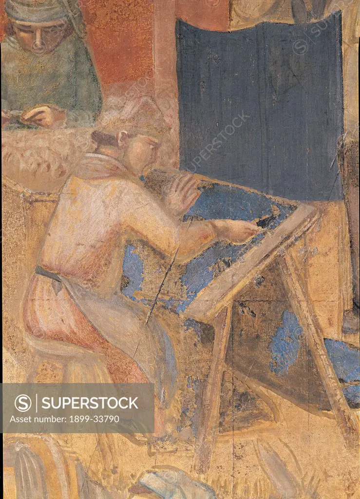 The Effects of Good Government in the City, by Lorenzetti Ambrogio, 1338 - 1339, 14th Century, fresco. Italy: Tuscany: Siena: Palazzo Pubblico: Sala della Pace. Detail. Man intent on weaving a chair high-backed chair apron blue yellow red hat loom
