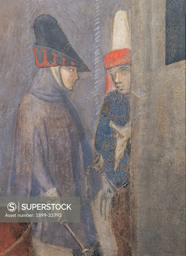 The Effects of Good Government in the City, by Lorenzetti Ambrogio, 1338 - 1339, 14th Century, fresco. Italy: Tuscany: Siena: Palazzo Pubblico: Sala della Pace. Detail. Two knights conversing blue grey red hat horse cloak/mantle