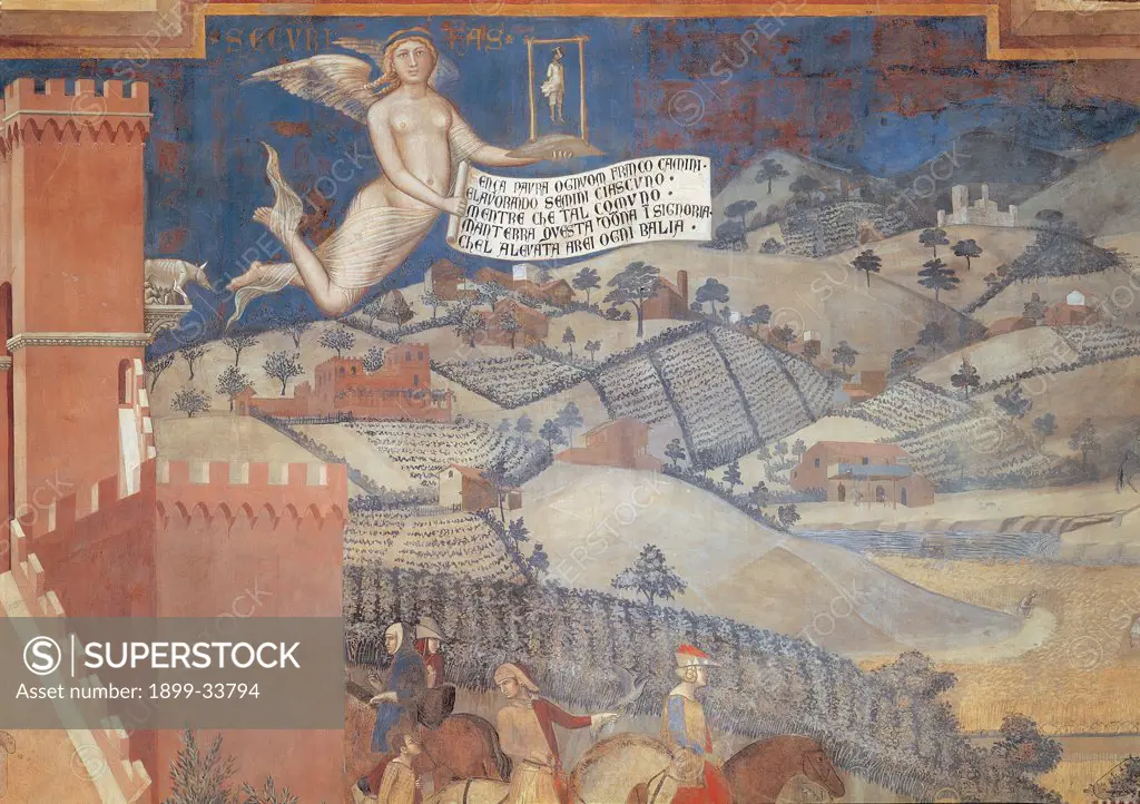 The Effects of Good Government in the Country, by Lorenzetti Ambrogio, 1338 - 1340, 14th Century, fresco. Italy: Tuscany: Siena: Palazzo Pubblico: Sala della Pace. Detail. Landscape and flying Security with cartouche tower wings countryside plowed field