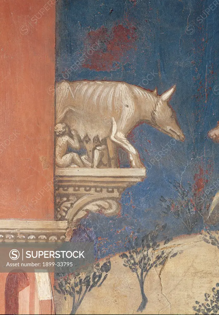 The Effects of Good Government in the Country, by Lorenzetti Ambrogio, 1338 - 1340, 14th Century, fresco. Italy: Tuscany: Siena: Palazzo Pubblico: Sala della Pace. Detail. Heraldic she-wolf with the twins on a shelf trees
