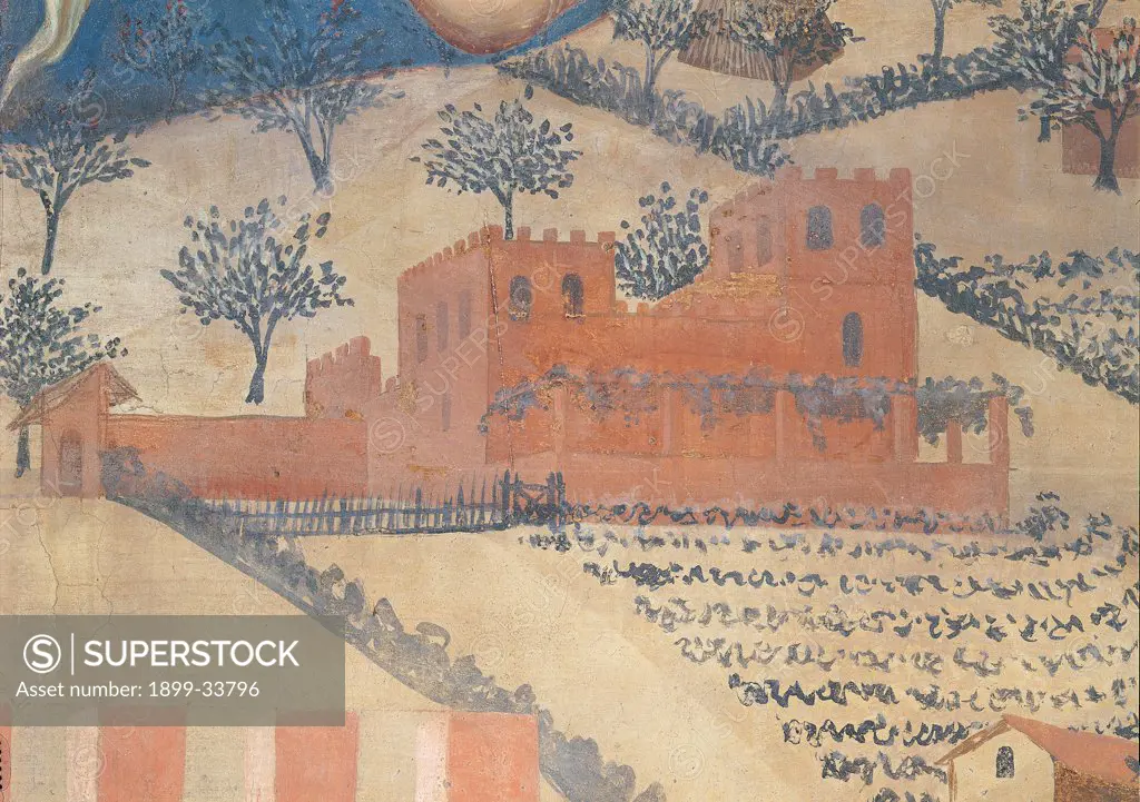 The Effects of Good Government in the Country, by Lorenzetti Ambrogio, 1338 - 1340, 14th Century, fresco. Italy: Tuscany: Siena: Palazzo Pubblico: Sala della Pace. Detail. Villa with arbor trees field