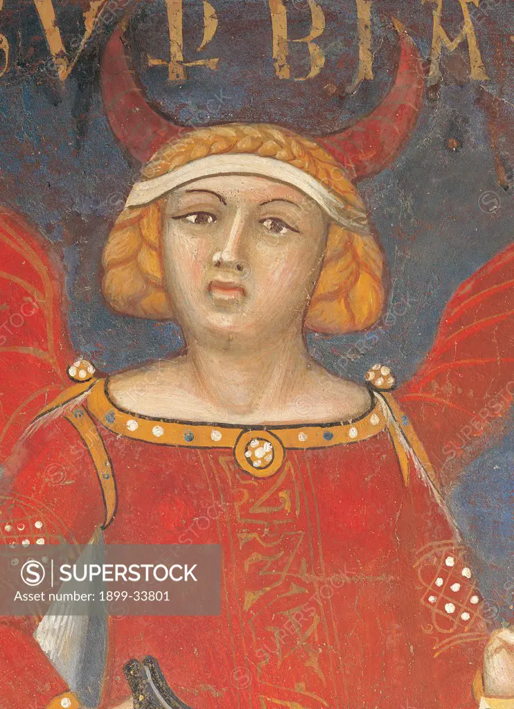 Allegory of Bad Government, by Lorenzetti Ambrogio, 1338 - 1339, 14th Century, fresco. Italy: Tuscany: Siena: Palazzo Pubblico: Sala della Pace. Detail. Arrogance horns red wings braid band bust