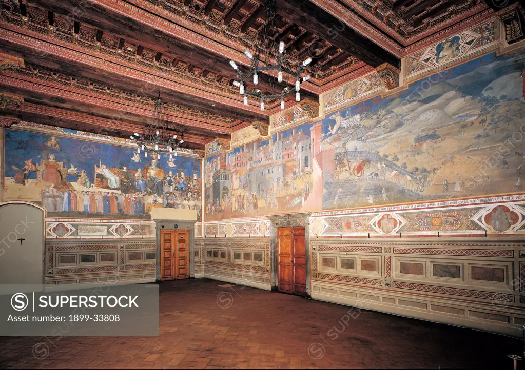 East wall of the Room of the Good Government, by Lorenzetti Ambrogio, 1338 - 1339, 14th Century, fresco. Italy: Tuscany: Siena: Palazzo Pubblico. Perspective view