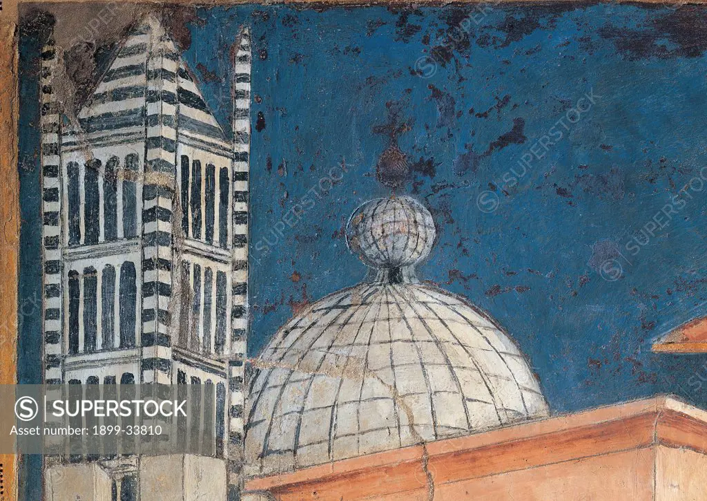 The Effects of Good Government in the City, by Lorenzetti Ambrogio, 1338 - 1339, 14th Century, fresco. Italy: Tuscany: Siena: Palazzo Pubblico: Sala della Pace. Detail. Belfry and dome of the Cathedral blue black white lines/stripes