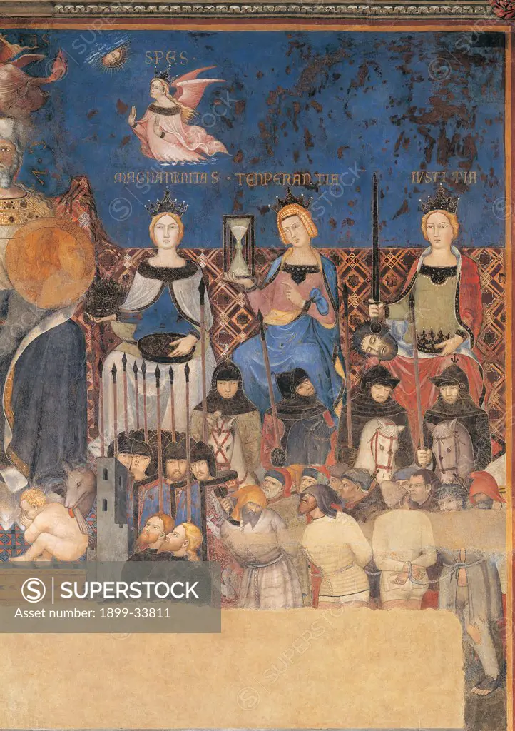 Allegory of Good Government, by Lorenzetti Ambrogio, 1338 - 1339, 14th Century, fresco. Italy: Tuscany: Siena: Palazzo Pubblico: Sala della Pace. Detail. Magnanimity Temperance, Justice, throne blue red soldiers lance/spear