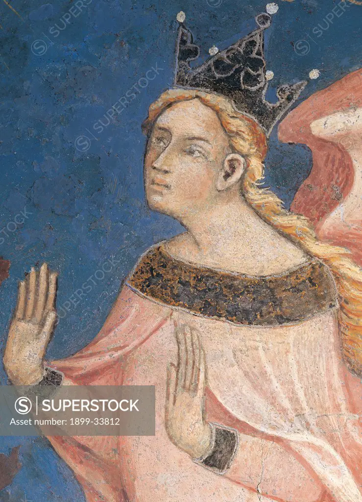 Allegory of Good Government, by Lorenzetti Ambrogio, 1338 - 1339, 14th Century, fresco. Italy: Tuscany: Siena: Palazzo Pubblico: Sala della Pace. Detail. Hope crown wings pink blue