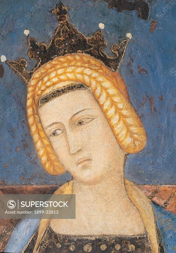 Allegory of Good Government, by Lorenzetti Ambrogio, 1338 - 1339, 14th Century, fresco. Italy: Tuscany: Siena: Palazzo Pubblico: Sala della Pace. Detail. Temperance crown braid blond hair yellow blue face young woman