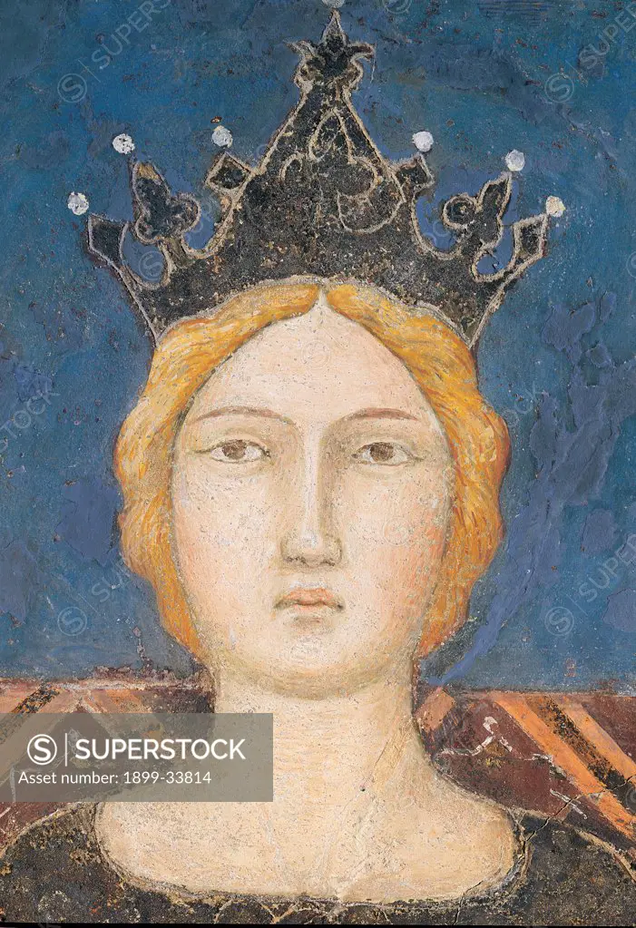 Allegory of Good Government, by Lorenzetti Ambrogio, 1338 - 1339, 14th Century, fresco. Italy: Tuscany: Siena: Palazzo Pubblico: Sala della Pace. Detail. Magnanimity crown gathered blond hair face young woman
