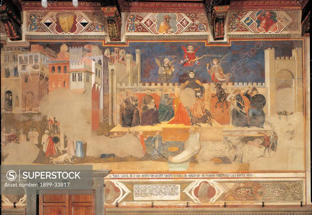Allegory of Bad Government, by Lorenzetti Ambrogio, 1338 - 1339, 14th Century, fresco. Italy: Tuscany: Siena: Palazzo Pubblico: Sala della Pace. Whole artwork. Houses building tower throne