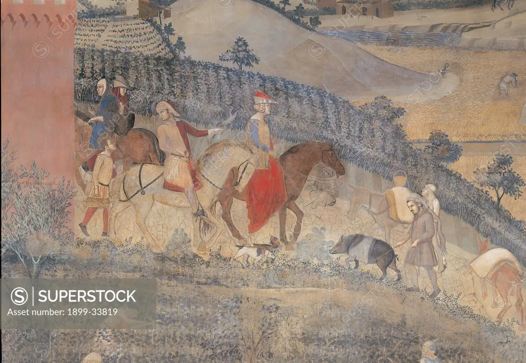 The Effects of Good Government in the Country, by Lorenzetti Ambrogio, 1338 - 1340, 14th Century, fresco. Italy: Tuscany: Siena: Palazzo Pubblico: Sala della Pace. Detail. Couple horse riding in a hunt with falcon