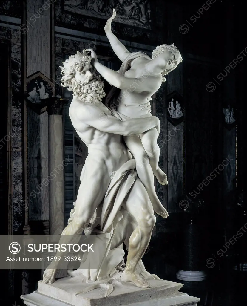 The Rape of Prosperpina, by Bernini Gian Lorenzo, 1621 - 1622, 17th Century, marble, full relief. Italy: Lazio: Rome: Borghese Gallery. Whole artwork. Pluto god of Underworld rape nude woman Proserpina
